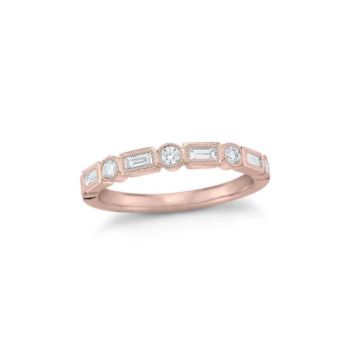 Round & Baguette diamond Stacking Ring with Antique Milgrain  - 18k gold, 2.78 grams,  - 4 straight bezel-set baguettes .15 carats,  - 5 round bezel-set diamonds .15 carats.