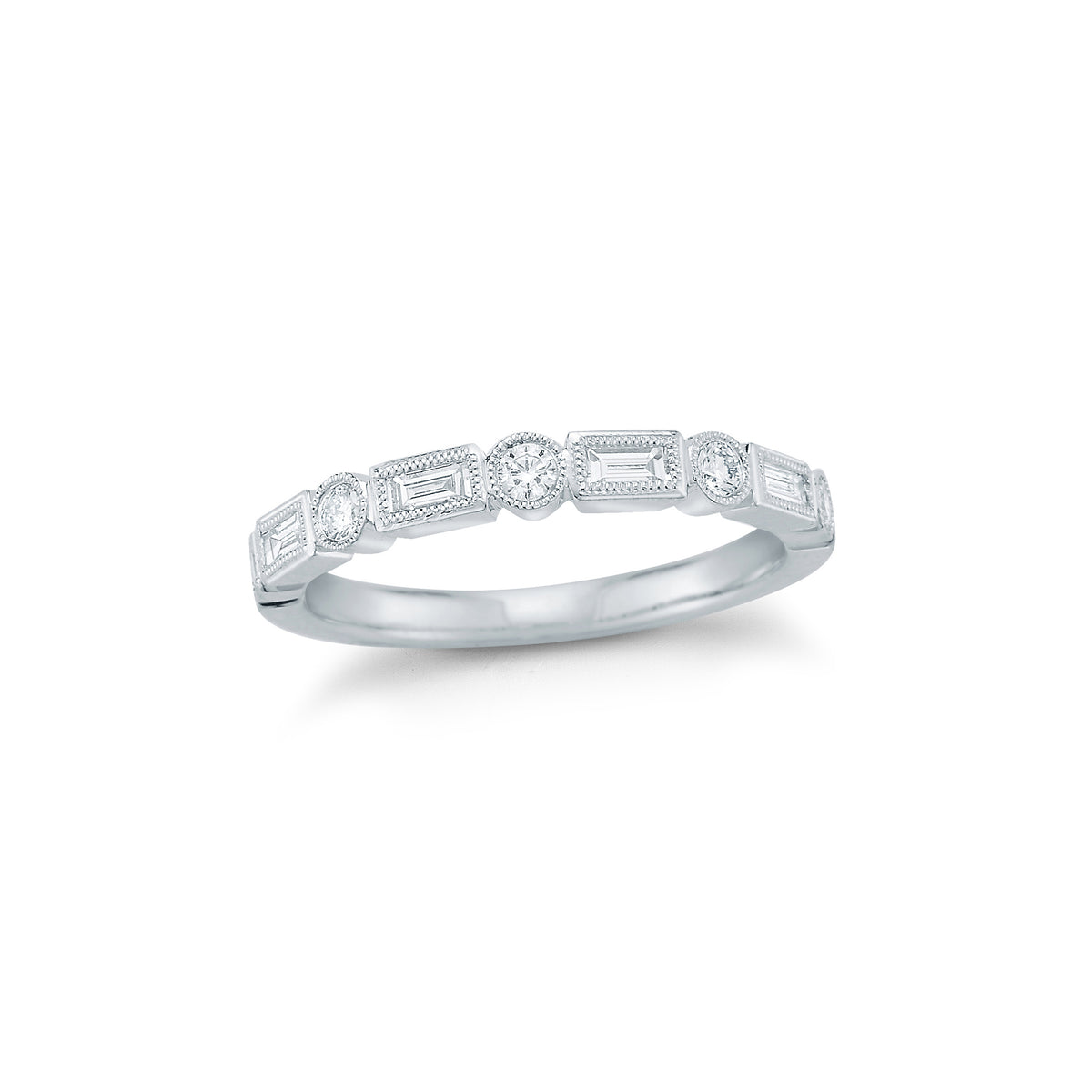 Round & Baguette diamond Stacking Ring with Antique Milgrain  - 18k gold, 2.78 grams,  - 4 straight bezel-set baguettes .15 carats,  - 5 round bezel-set diamonds .15 carats.