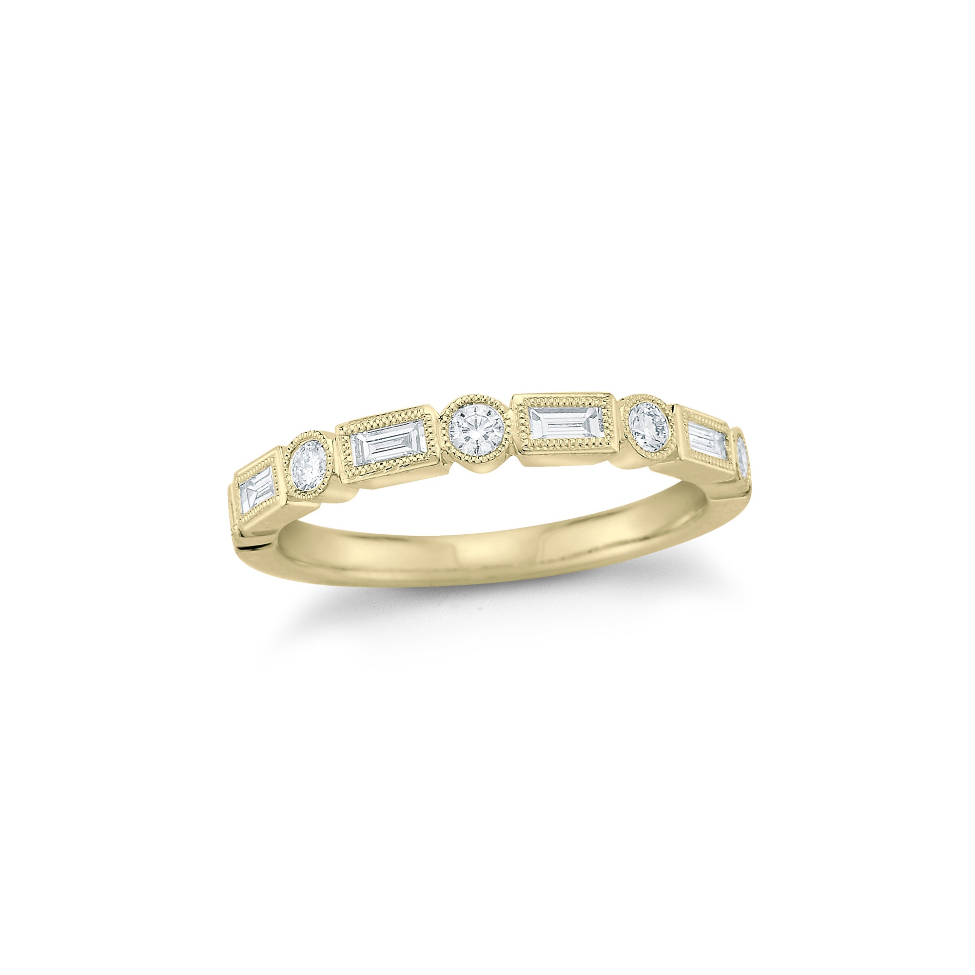 Round & Baguette diamond Stacking Ring with Antique Milgrain  - 18k gold, 2.78 grams,  - 4 straight bezel-set baguettes .15 carats,  - 5 round bezel-set diamonds .15 carats.