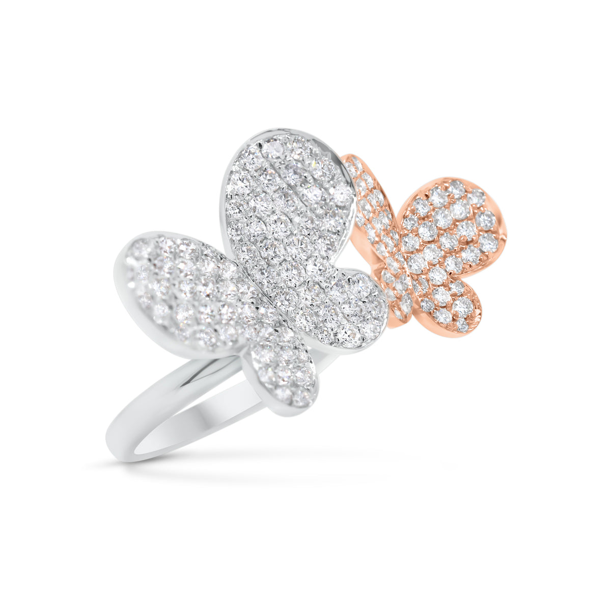 Diamond Two-Tone Butterflies Ring  - 18K gold weighing 5.26 grams  - 120 round diamonds totaling 1.49 carats
