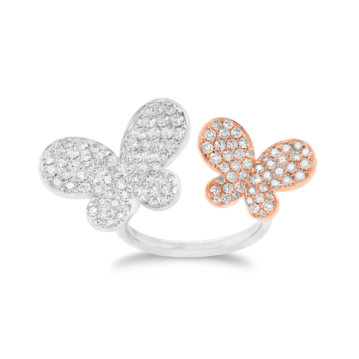 Diamond Two-Tone Butterflies Ring  - 18K gold weighing 5.26 grams  - 120 round diamonds totaling 1.49 carats