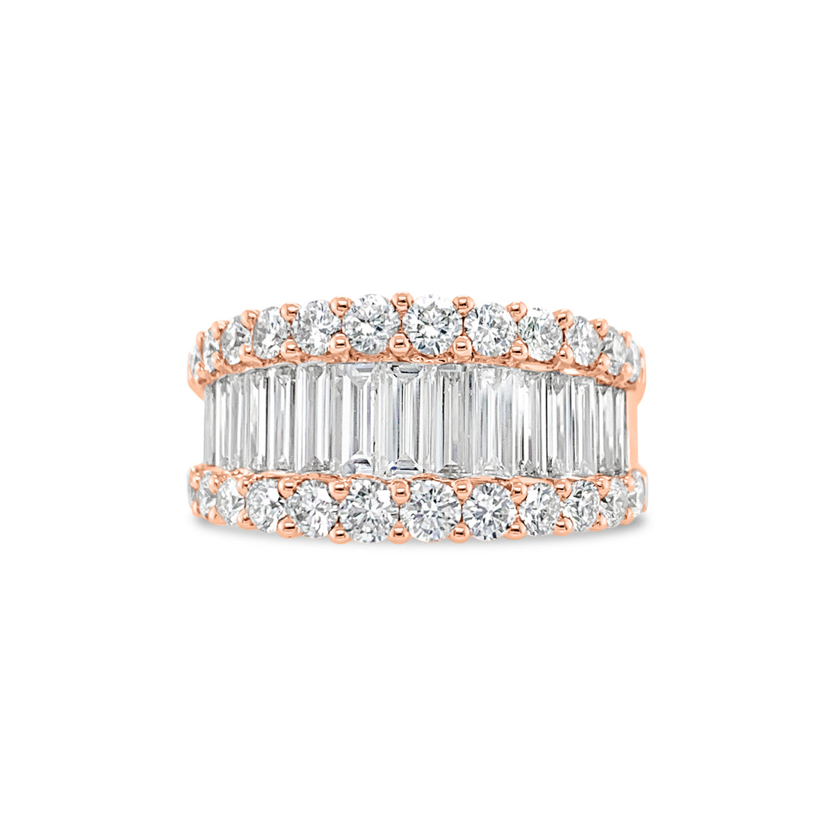 Baguette & Round Diamond Wedding Band   -18K gold weighing 9.73 grams   -15 slim baguettes totaling 1.52 carats   -24 round diamonds totaling 1.31 carats