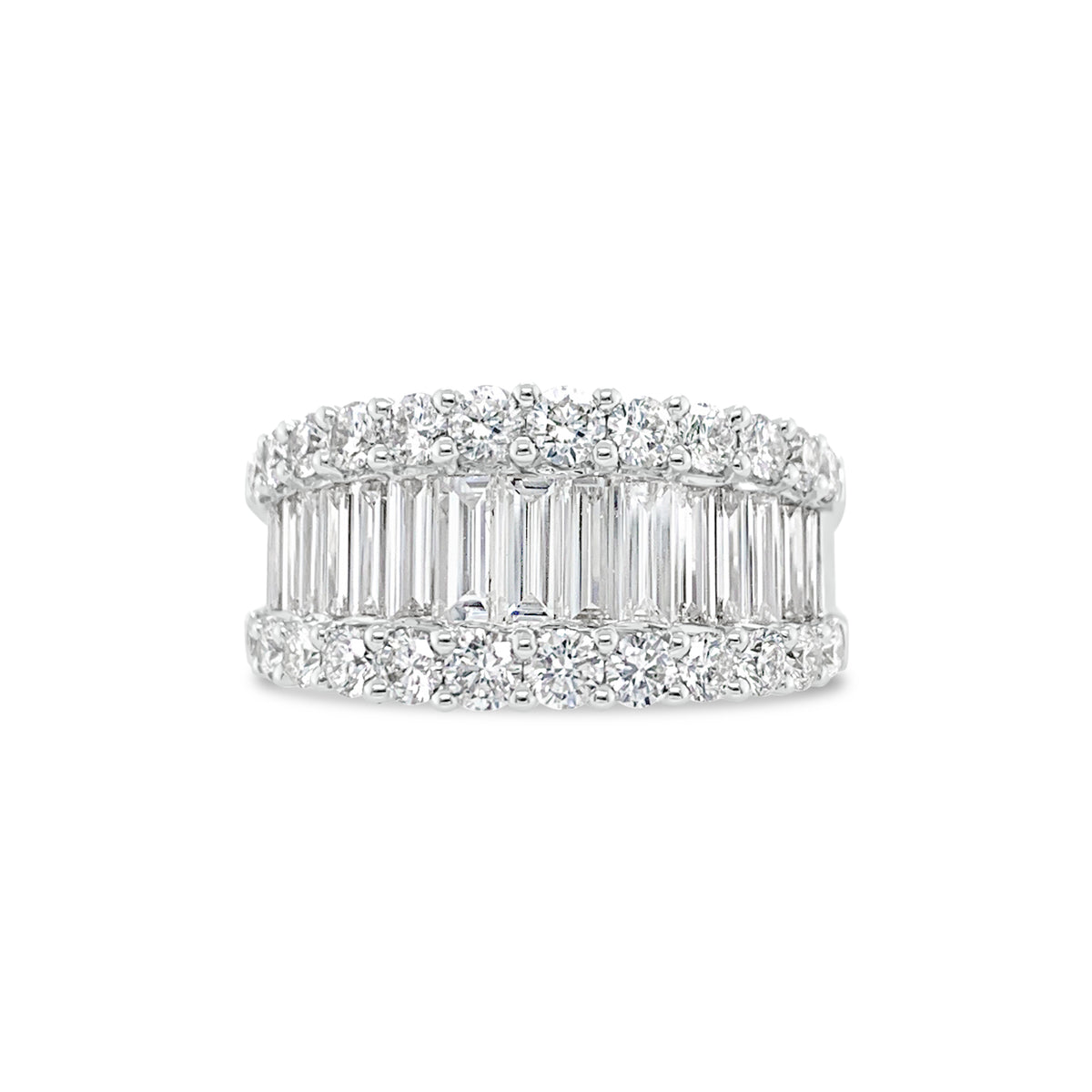 Baguette & Round Diamond Wedding Band   -18K gold weighing 9.73 grams   -15 slim baguettes totaling 1.52 carats   -24 round diamonds totaling 1.31 carats