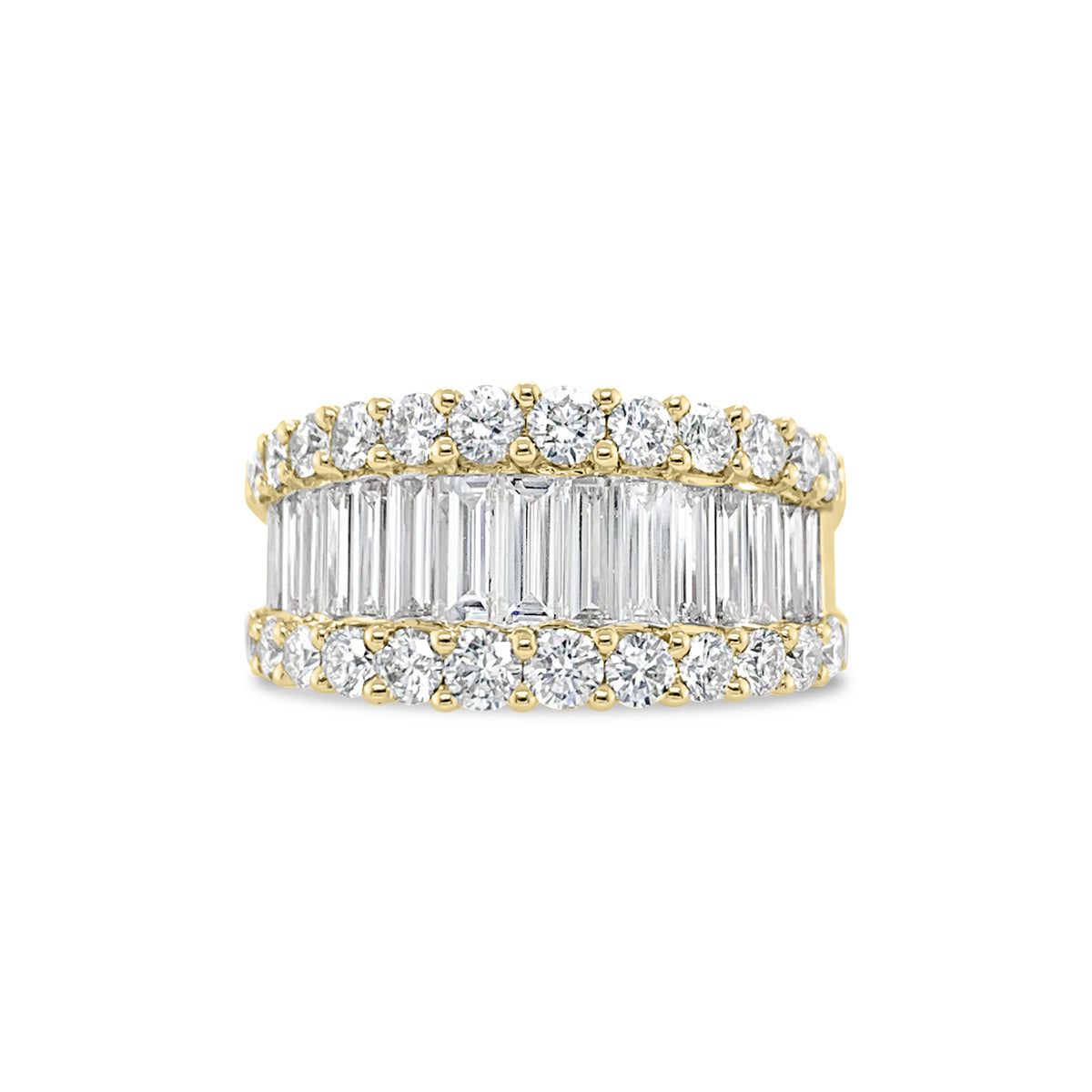 Baguette & Round Diamond Wedding Band   -18K gold weighing 9.73 grams   -15 slim baguettes totaling 1.52 carats   -24 round diamonds totaling 1.31 carats