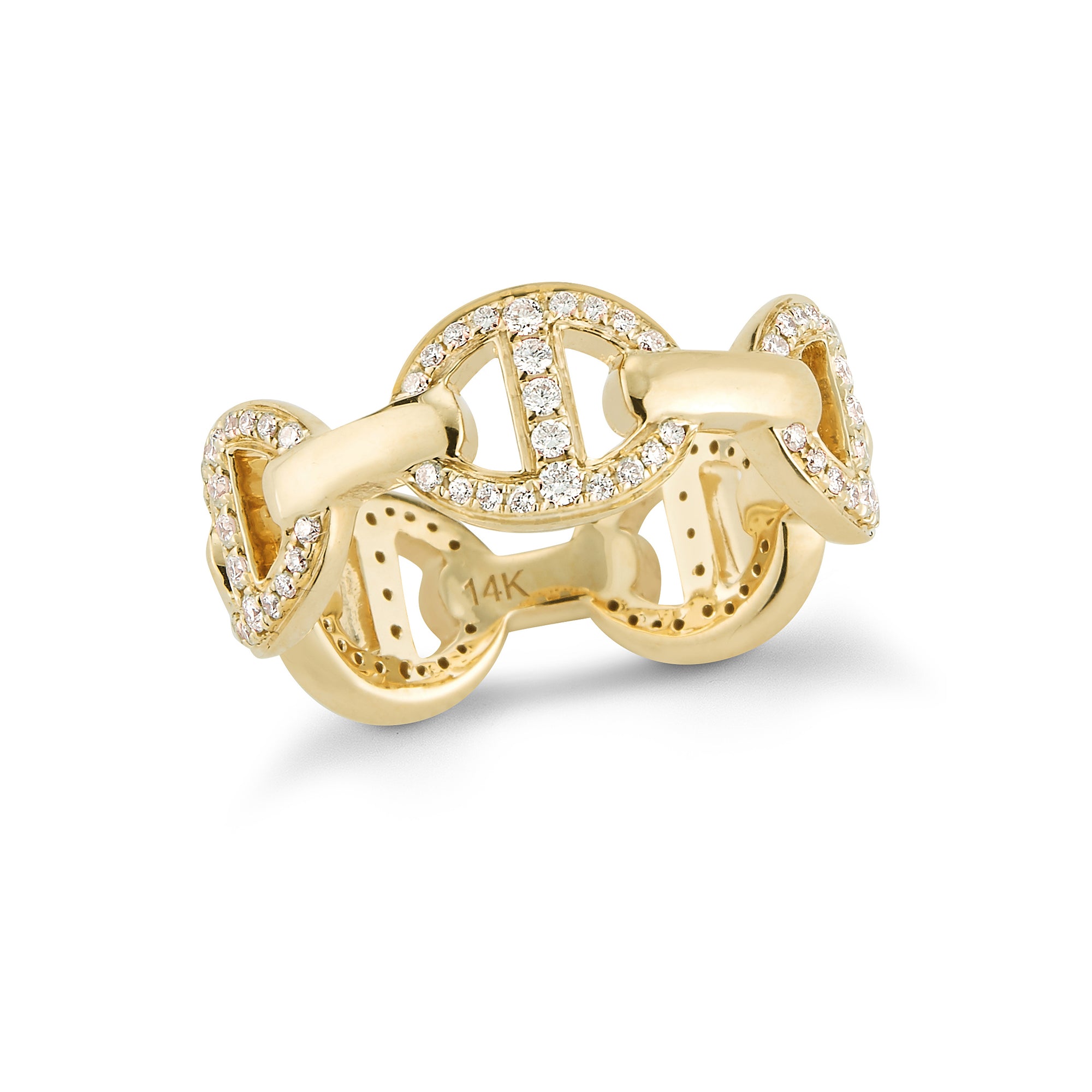 Diamond Chain Link Ring  14k gold, 5.49 grams, 105 round shared prong-set diamonds .46 carats.  Size width 8 millimeters.