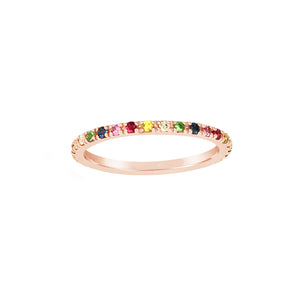 Rainbow Gemstone Ring  -14k gold weighing 1.28 grams  -32 multi-color four prong-set stones weighing .46 carats