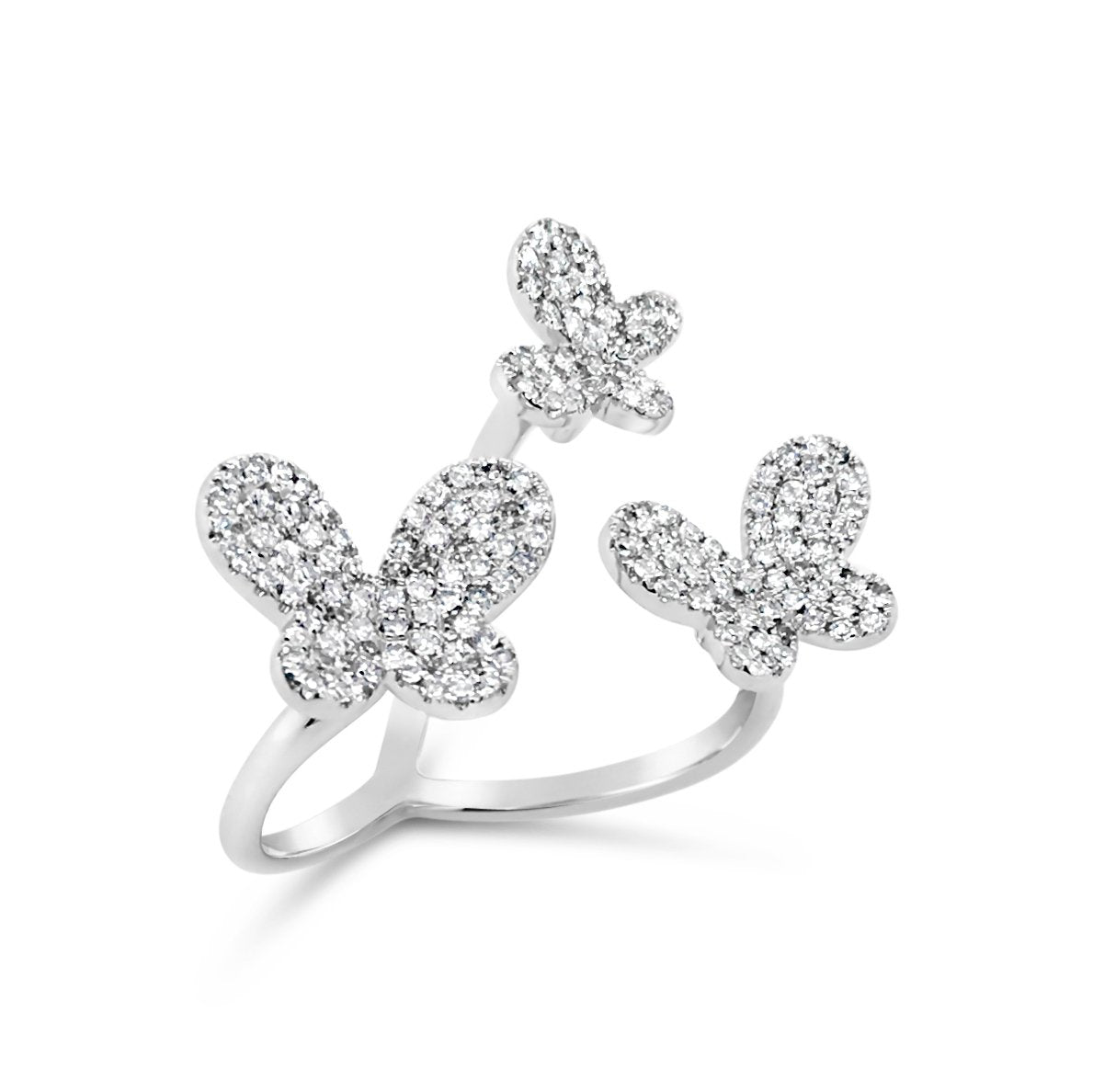 Triple-Butterfly Diamond Ring  -14k gold weighing 4.96 grams  -168 round diamonds weighing .43 carat