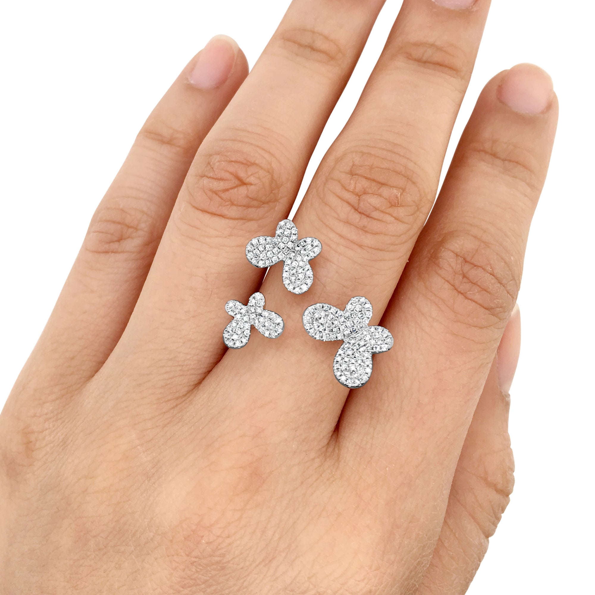 Triple-Butterfly Diamond Ring  -14k gold weighing 4.96 grams  -168 round diamonds weighing .43 carat