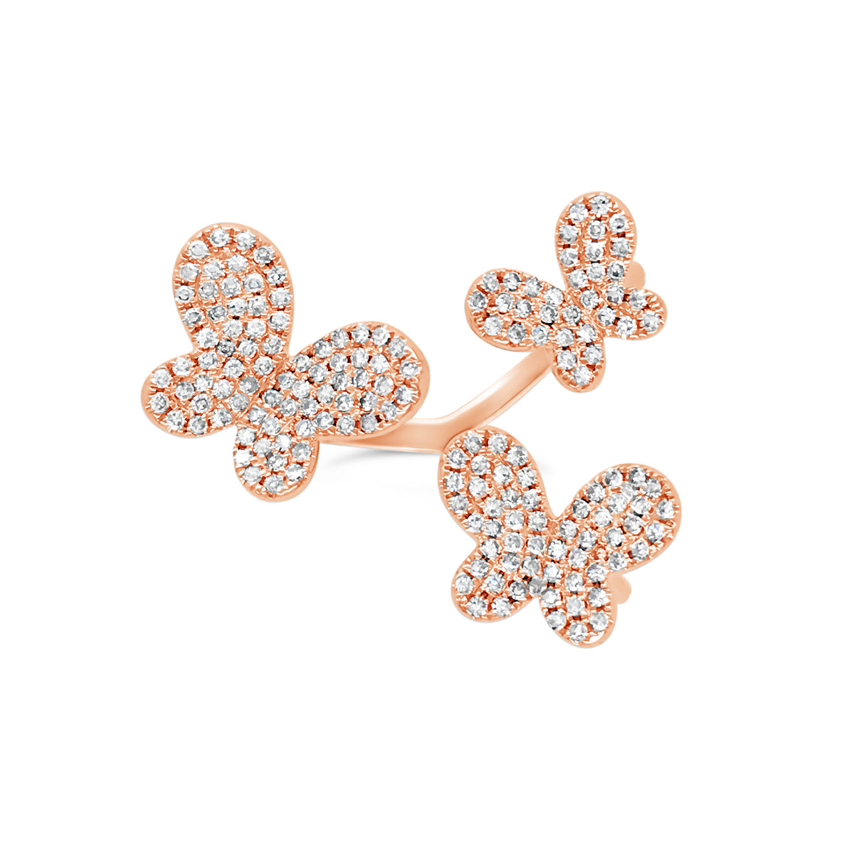 Triple-Butterfly Diamond Ring  -14k gold weighing 4.96 grams  -168 round diamonds weighing .43 carat