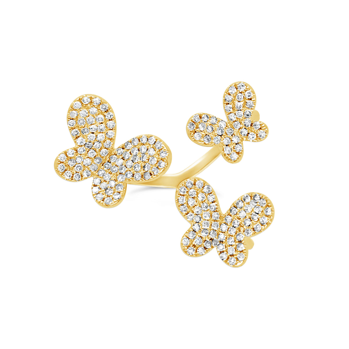 Triple-Butterfly Diamond Ring  -14k gold weighing 4.96 grams  -168 round diamonds weighing .43 carat