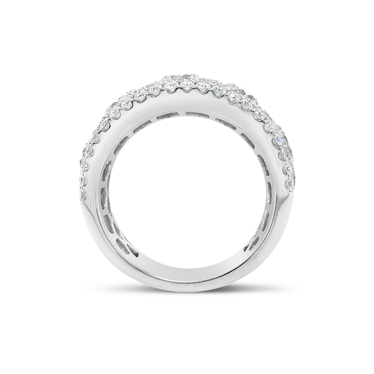 Diamond Cluster Band Ring  -18k gold weighing 7.7 grams  -76 round four prong-set diamonds weighing 1.46 carats   -5 round four prong-set diamonds weighing 2.16 carats 