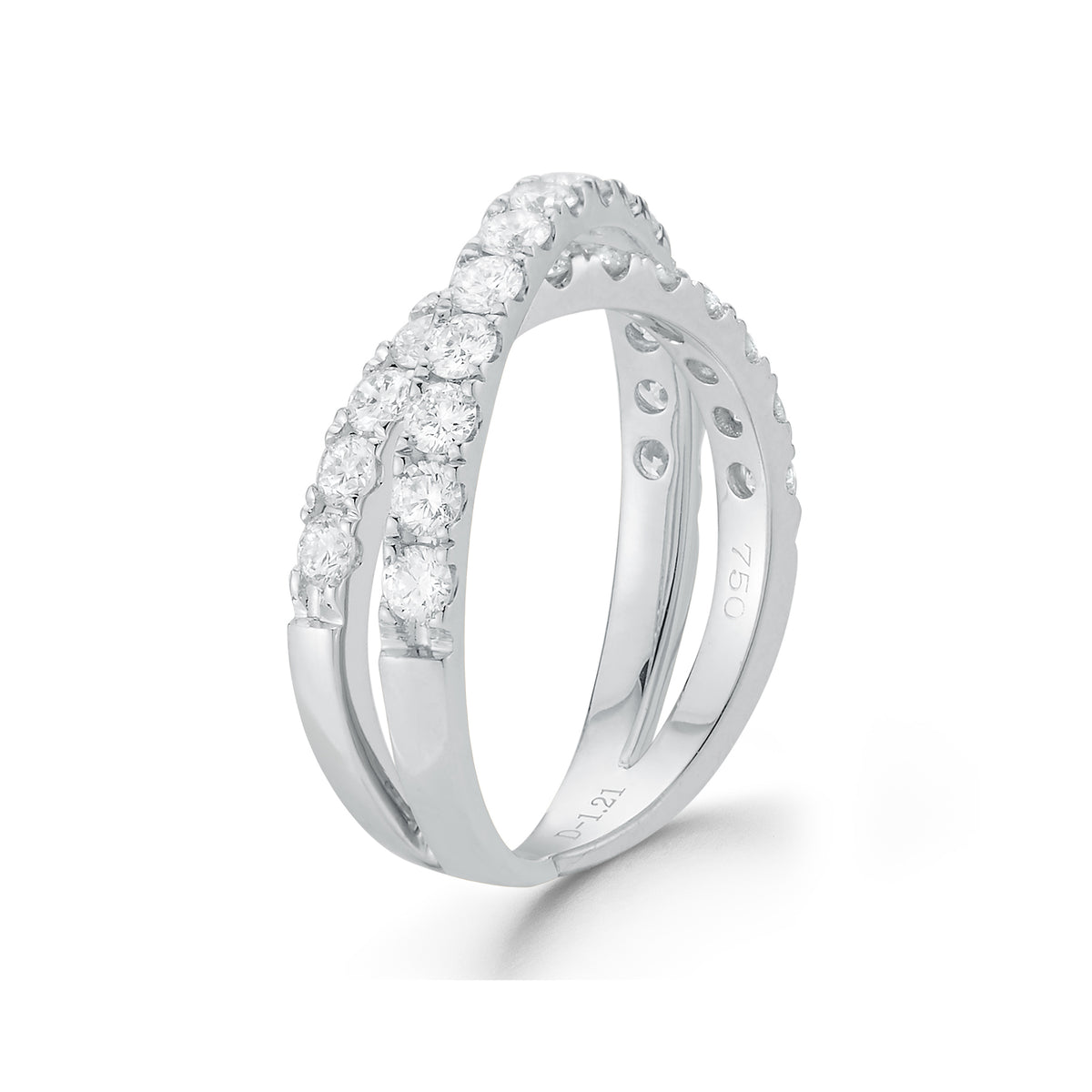 Two-tone Interlock Diamond Ring  18k gold, 4.06 grams, 26 round shared prong-set brilliant diamonds 1.21 carats.  Size width 6.3 millimeters.