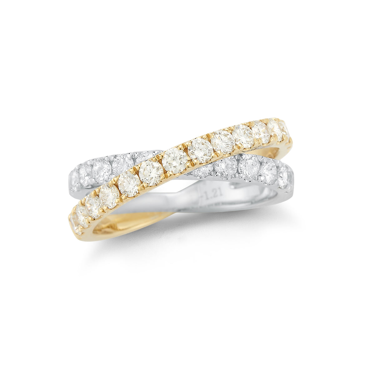 Two-tone Interlock Diamond Ring  18k gold, 4.06 grams, 26 round shared prong-set brilliant diamonds 1.21 carats.  Size width 6.3 millimeters.