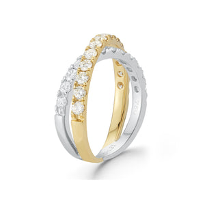Two-tone Interlock Diamond Ring  18k gold, 4.06 grams, 26 round shared prong-set brilliant diamonds 1.21 carats.  Size width 6.3 millimeters.
