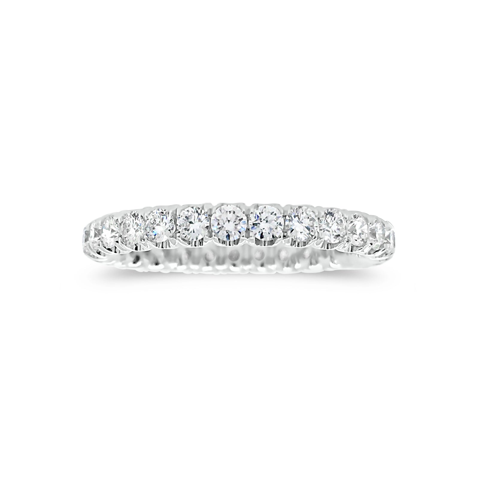 Four Prong-Set Diamond Eternity Wedding Band  -18k gold weighing 2.04 grams  -29 round diamonds weighing 1.11 carats