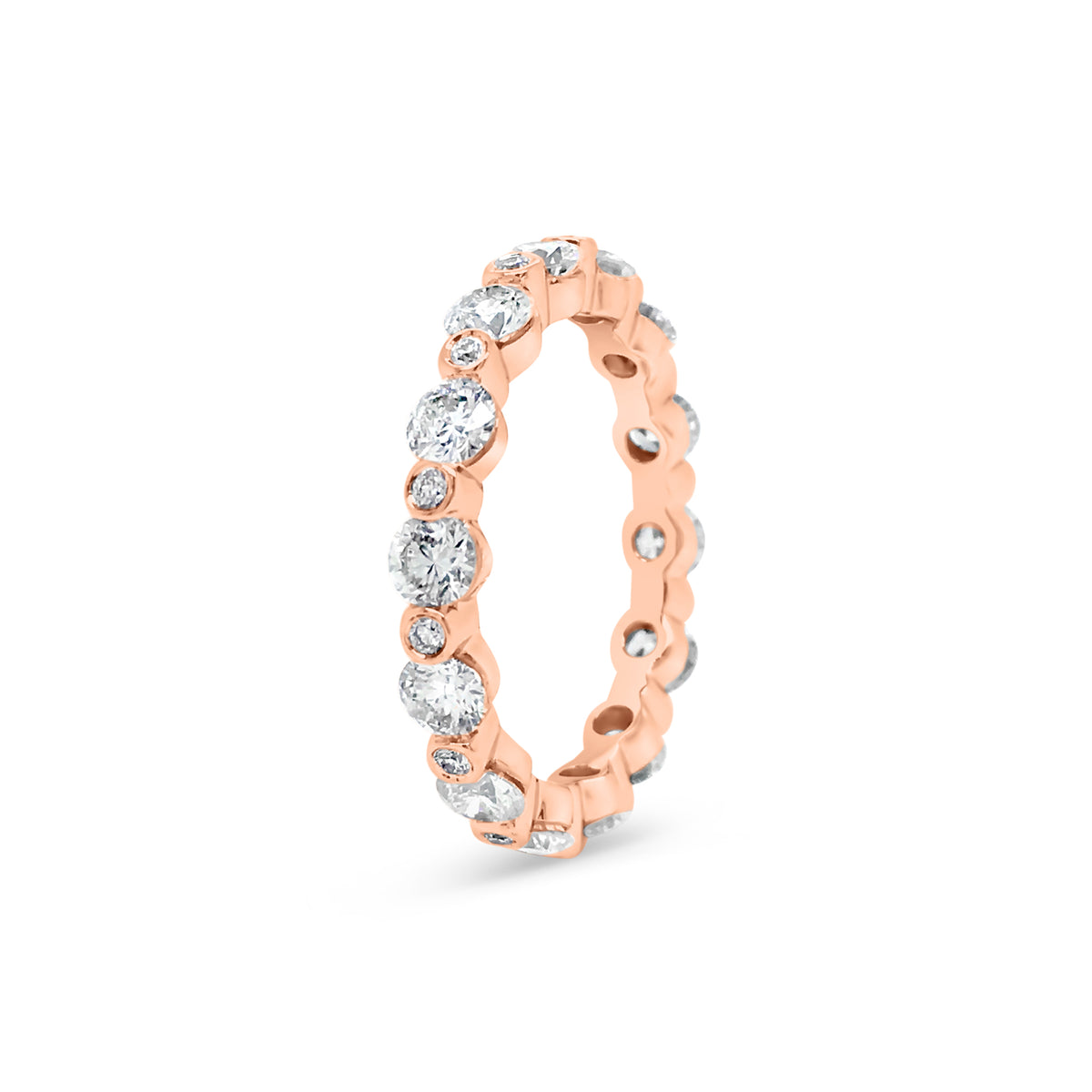 Single Prong Diamond Eternity Ring  -18k gold weighing 2.72 grams  -14 round bezel-set diamonds weighing 1.81 carats  -14 round bezel-set diamonds weighing .14 carats