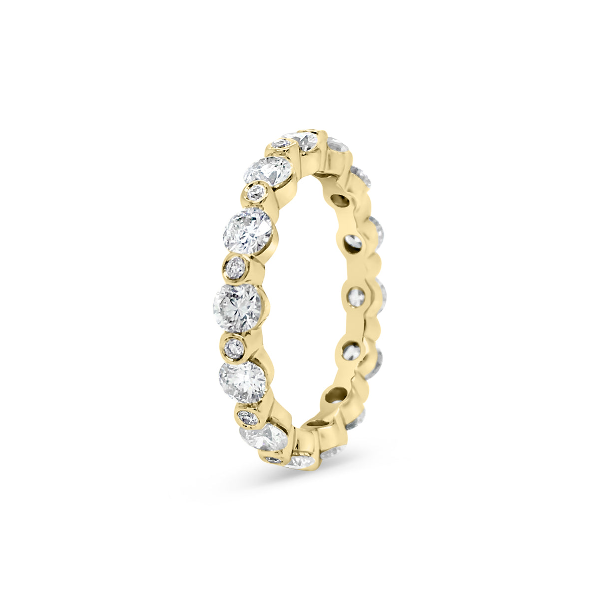 Single Prong Diamond Eternity Ring  -18k gold weighing 2.72 grams  -14 round bezel-set diamonds weighing 1.81 carats  -14 round bezel-set diamonds weighing .14 carats
