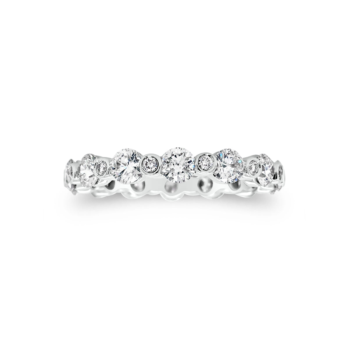 Single Prong Diamond Eternity Ring  -18k gold weighing 2.72 grams  -14 round bezel-set diamonds weighing 1.81 carats  -14 round bezel-set diamonds weighing .14 carats
