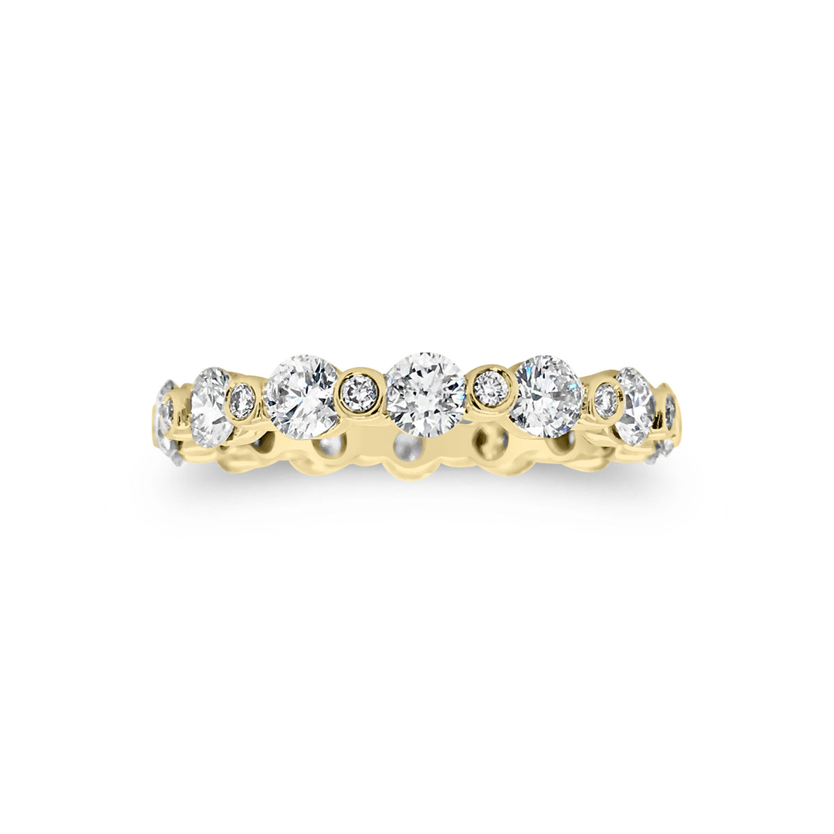 Single Prong Diamond Eternity Ring  -18k gold weighing 2.72 grams  -14 round bezel-set diamonds weighing 1.81 carats  -14 round bezel-set diamonds weighing .14 carats