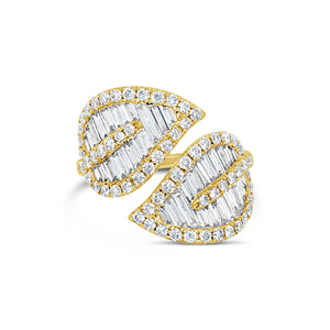 Diamond Bypass Leaf Ring  -14k gold weighing 5.21 grams  -64 round diamonds weighing .85 carats  -40 straight baguettes weighing .88 carats 