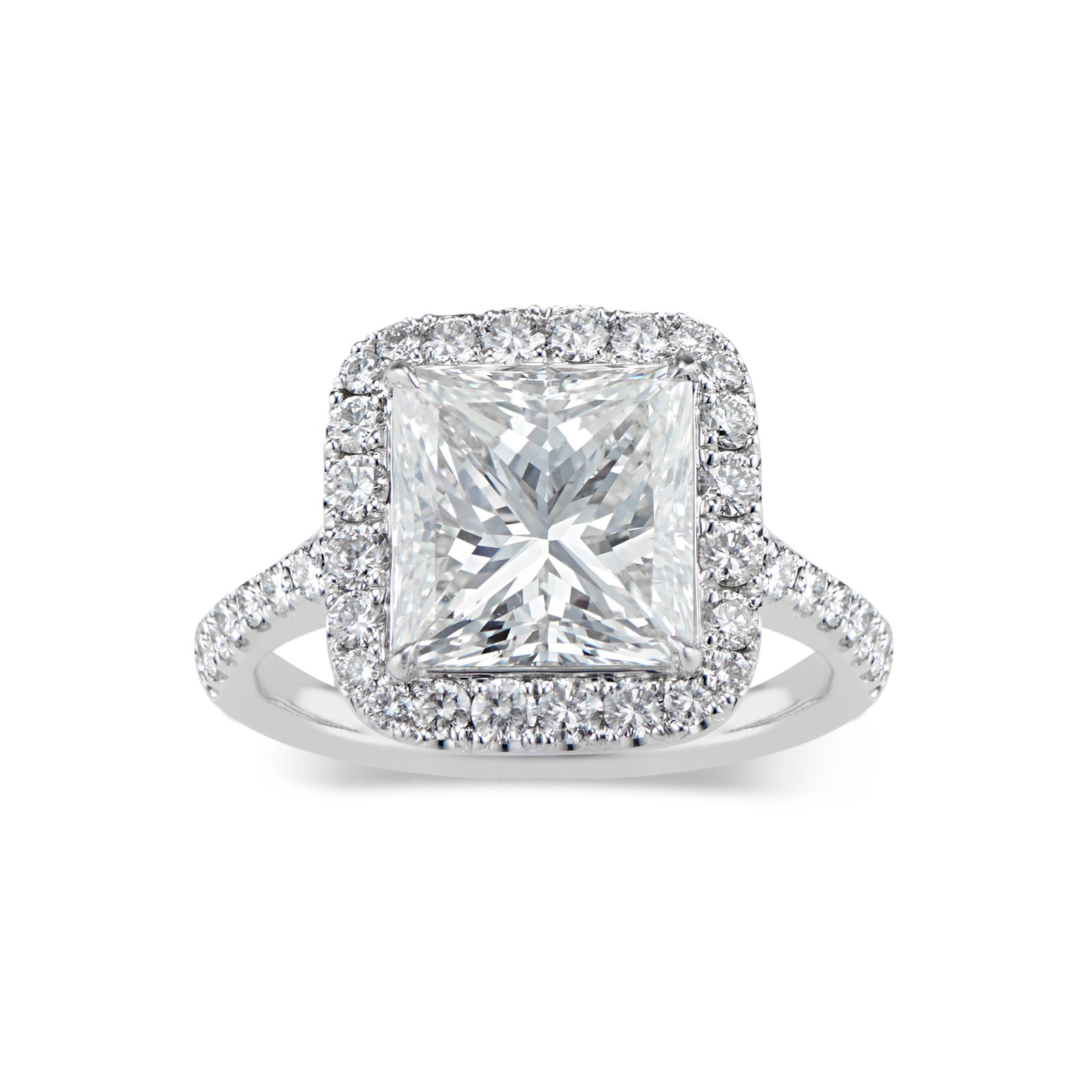 Princess-Cut Diamond Halo Engagement Ring  -18k gold weighing 5.7 grams  -40 round diamonds weighing .83 carats