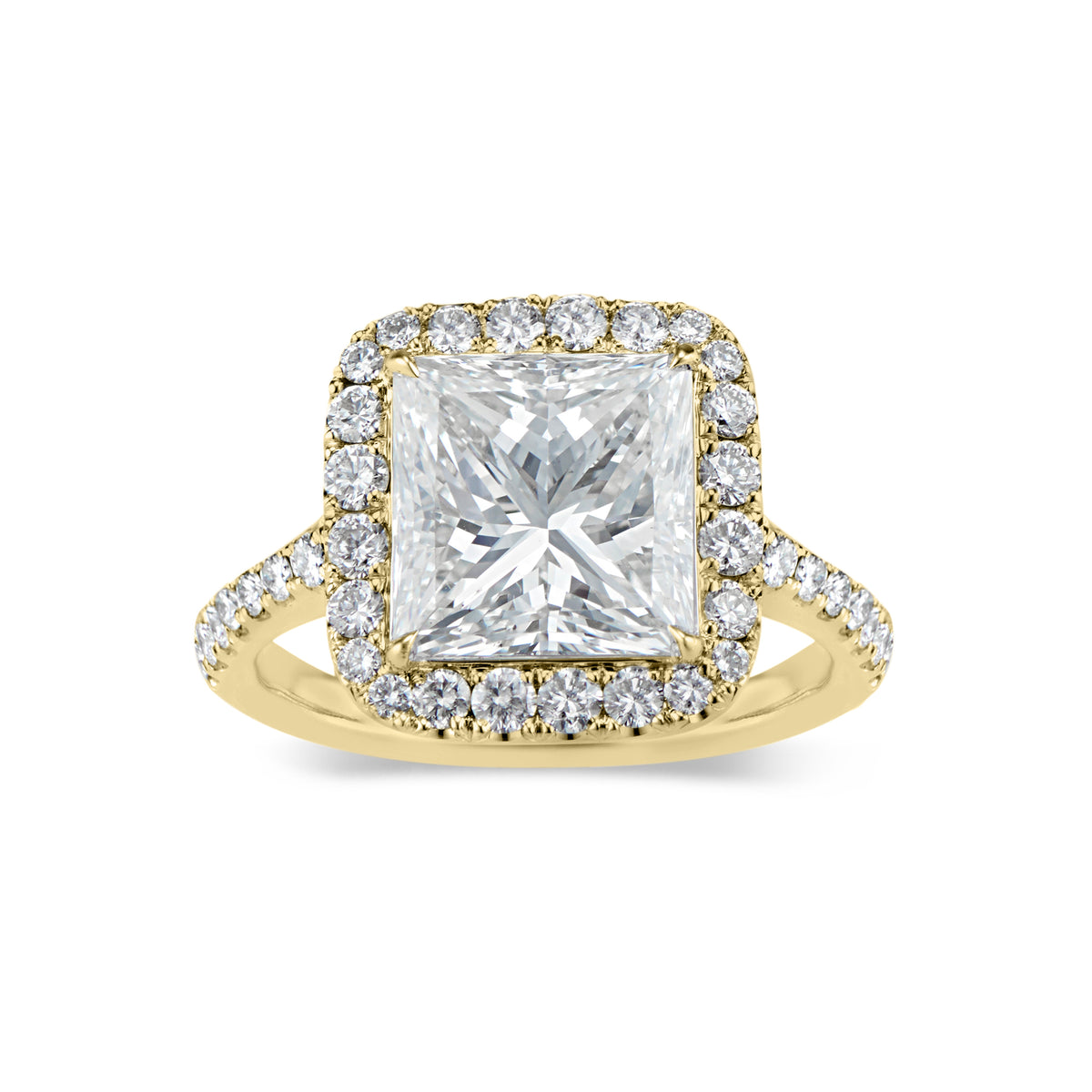 Princess-Cut Diamond Halo Engagement Ring  -18k gold weighing 5.7 grams  -40 round diamonds weighing .83 carats
