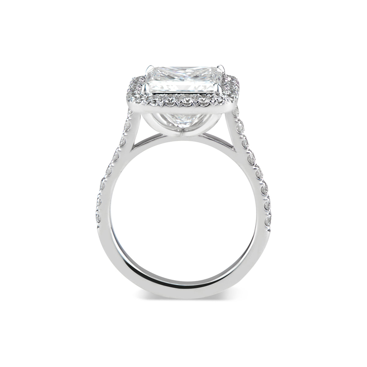 Princess-Cut Diamond Halo Engagement Ring  -18k gold weighing 5.7 grams  -40 round diamonds weighing .83 carats