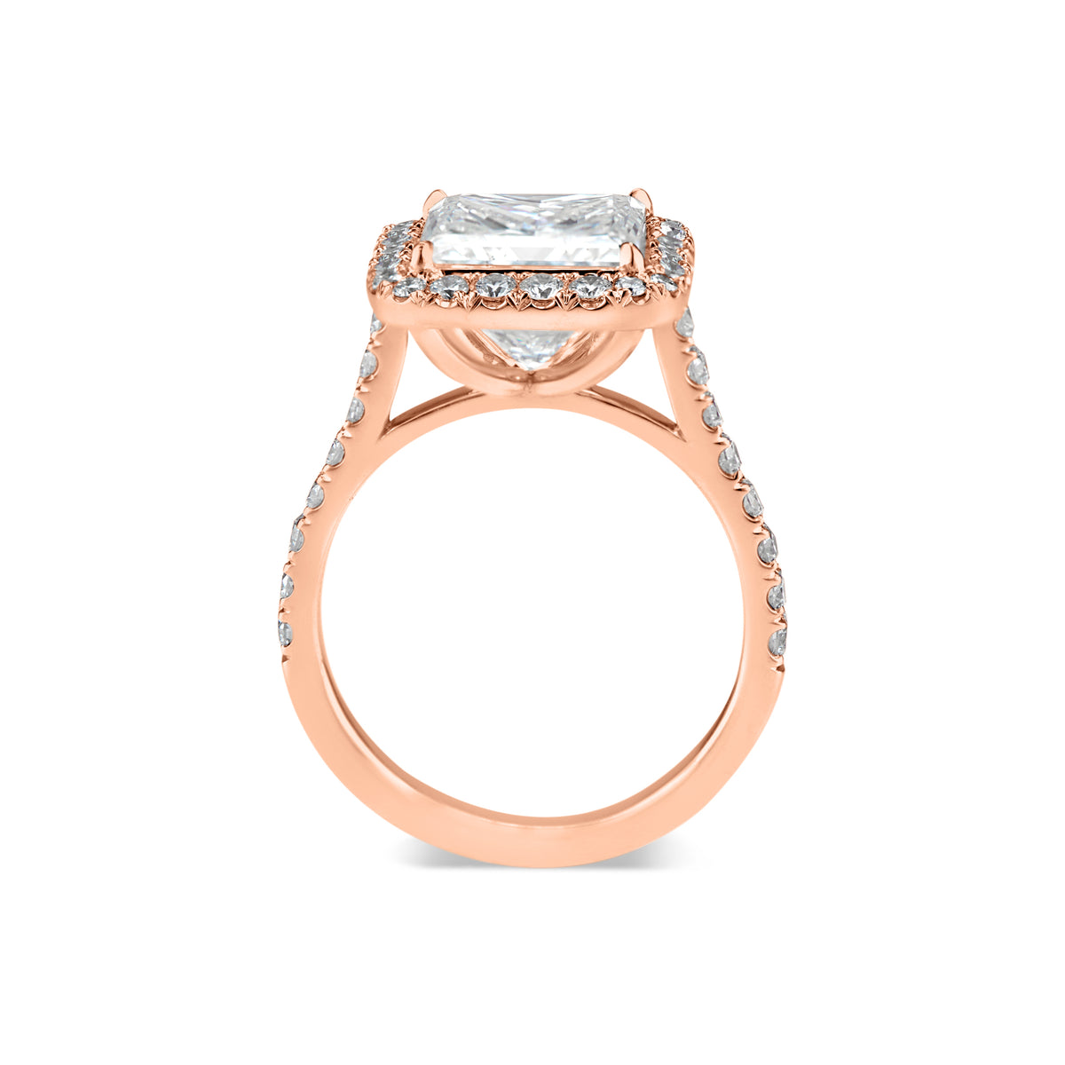 Princess-Cut Diamond Halo Engagement Ring  -18k gold weighing 5.7 grams  -40 round diamonds weighing .83 carats