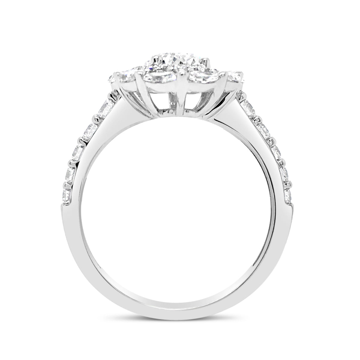 Antique Diamond Engagement Ring  -18k gold weighing 3.51 grams  -10 marquise diamonds weighing .49 carats  -32 round diamonds weighing .48 carats with  -1 oval brilliant cut diamond weighing 1.22 carats with J color I1