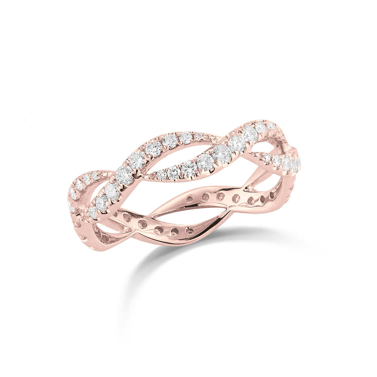 Twisted Diamond Fashion Ring  18k gold, 2.21 grams, 66 round shared prong-set brilliant diamonds weighing .74 carats.