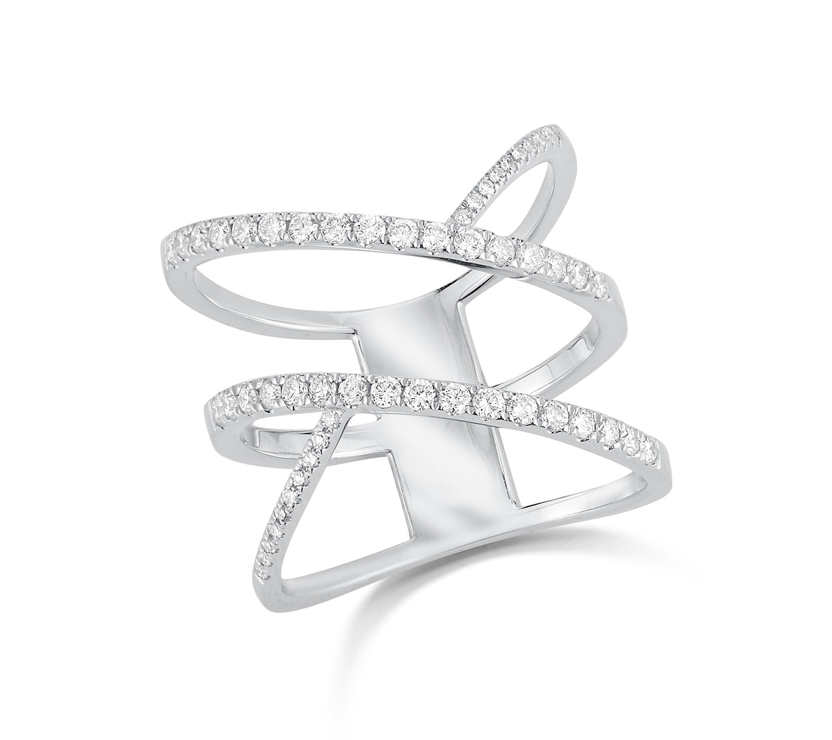 Diamond Cut-out Fashion Ring  -14k gold weighing 5.20 grams  -54 round shared prong-set diamonds weighing .52 carats