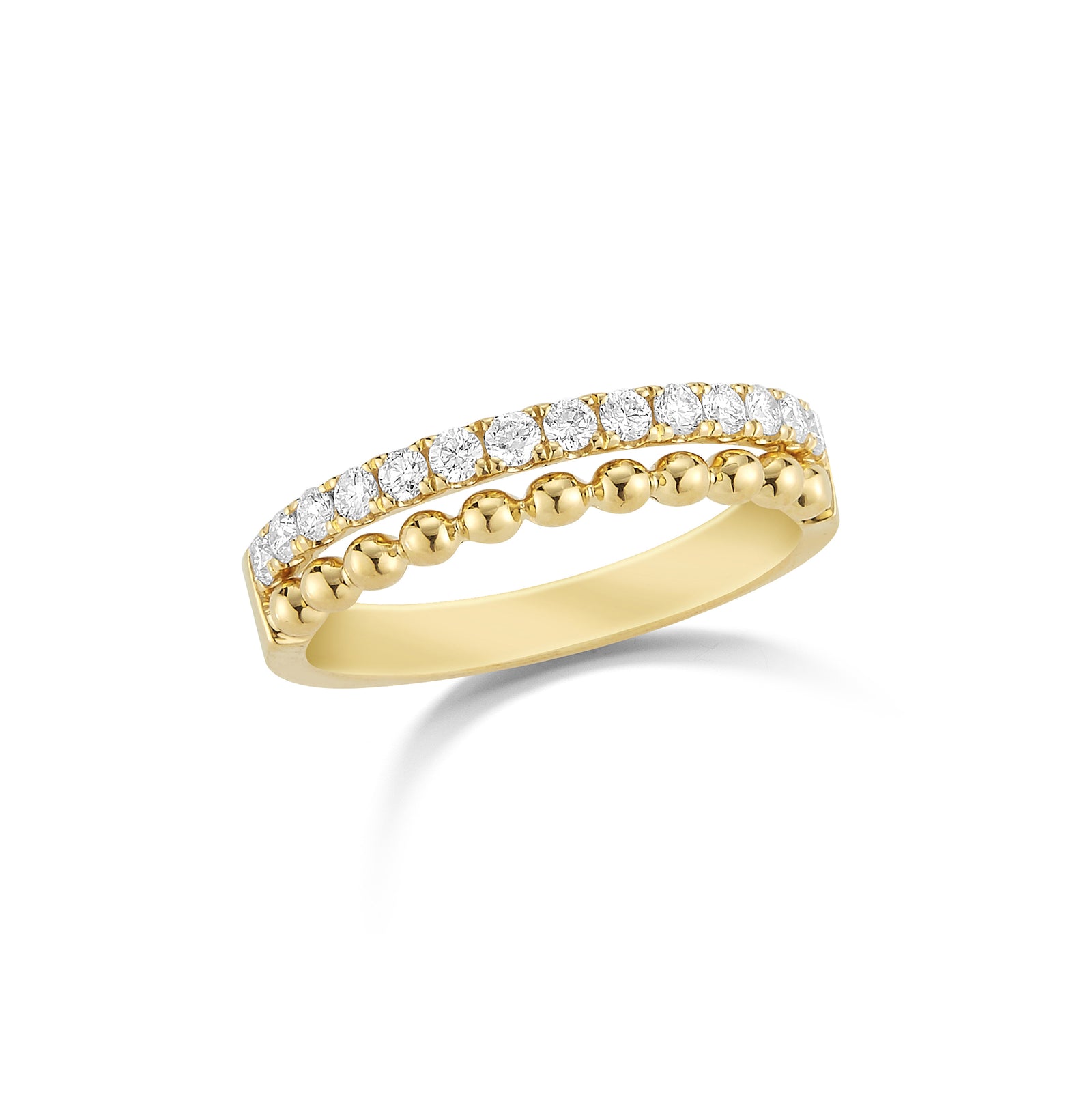 Diamond & Gold Bead Stacking Ring  - 18k gold weighting 4 grams.  - 14 round four prong pave-set brilliant diamonds weighing .35 carats.