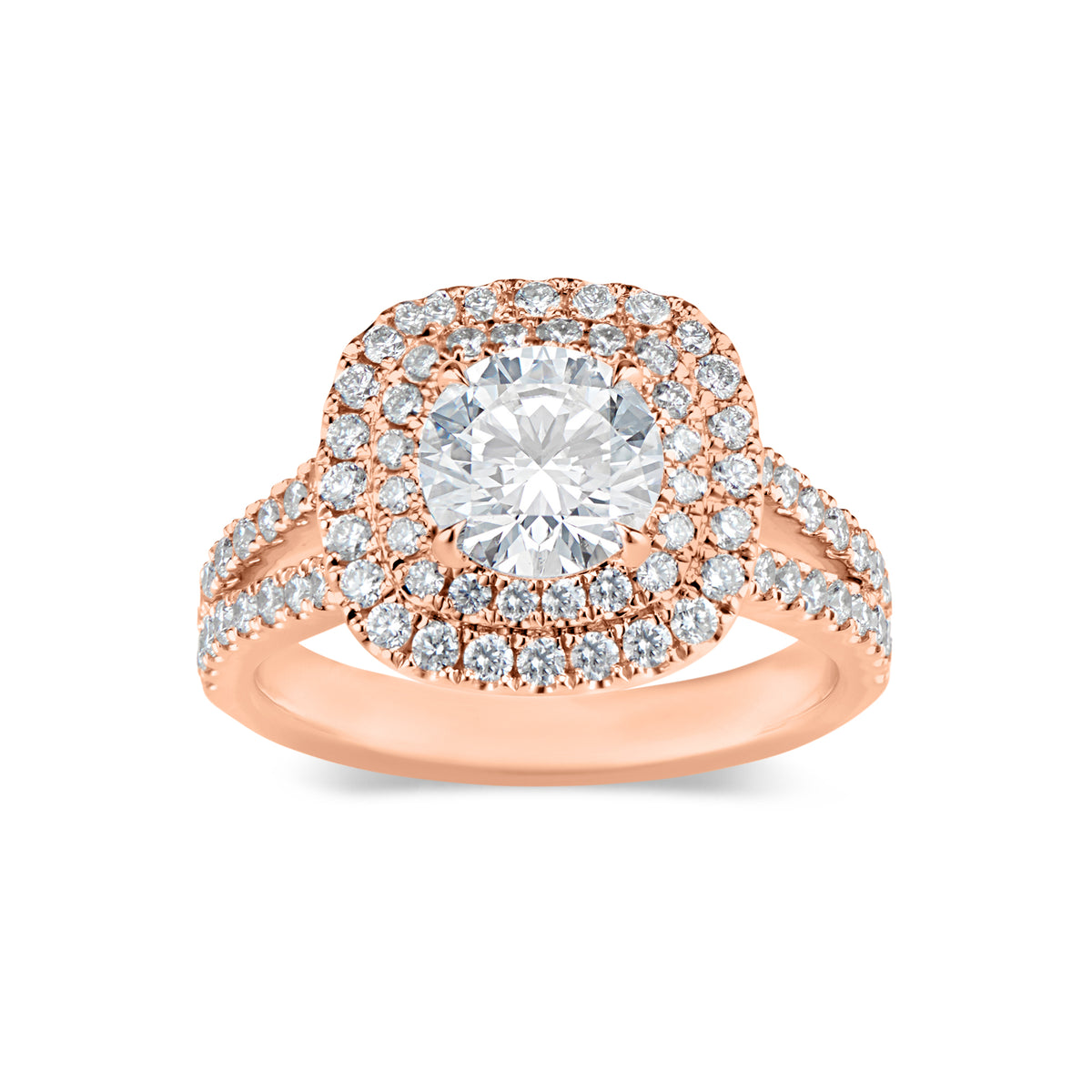 Cushion Double Halo Diamond Engagement Ring with Split Shank & Sapphire Accent Stones  -18K weighing 6.20GR  - 100 round diamonds totaling 1.01 carats  - 2 princess-cut sapphires totaling 0.08 carats