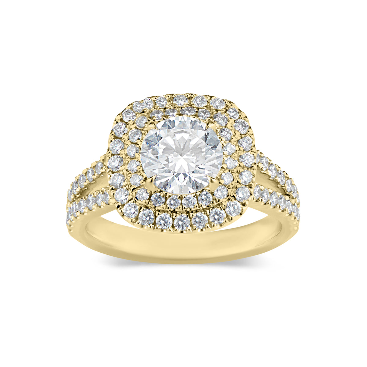 Cushion Double Halo Diamond Engagement Ring with Split Shank & Sapphire Accent Stones  -18K weighing 6.20GR  - 100 round diamonds totaling 1.01 carats  - 2 princess-cut sapphires totaling 0.08 carats