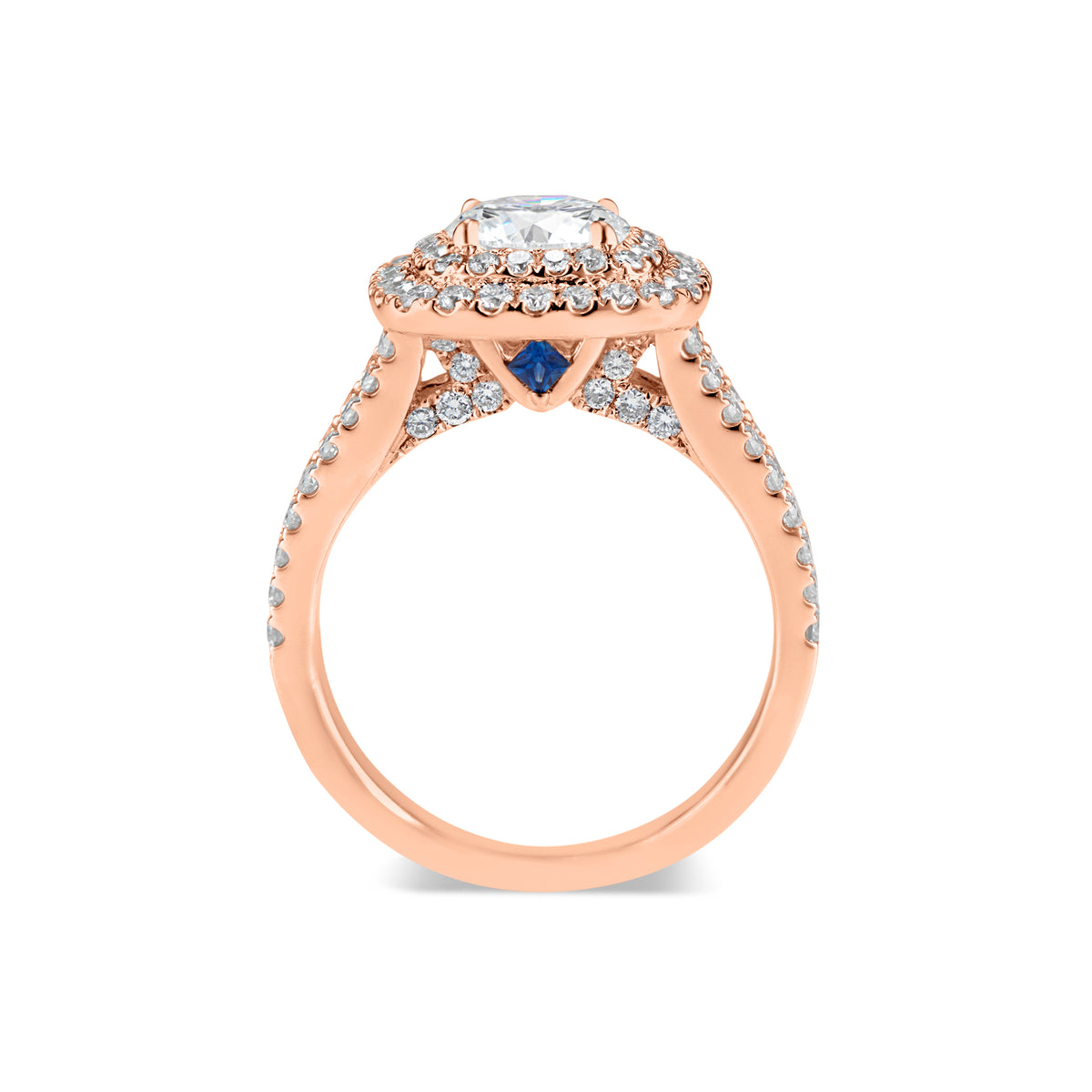 Cushion Double Halo Diamond Engagement Ring with Split Shank & Sapphire Accent Stones  -18K weighing 6.20GR  - 100 round diamonds totaling 1.01 carats  - 2 princess-cut sapphires totaling 0.08 carats