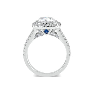 Cushion Double Halo Diamond Engagement Ring with Split Shank & Sapphire Accent Stones  -18K weighing 6.20GR  - 100 round diamonds totaling 1.01 carats  - 2 princess-cut sapphires totaling 0.08 carats