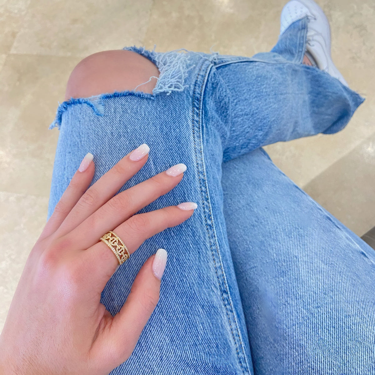 Female Model Wearing Diamond Anchor Chain Band  - 14K gold weighing 5.91 grams  - 0.59 total carat weight