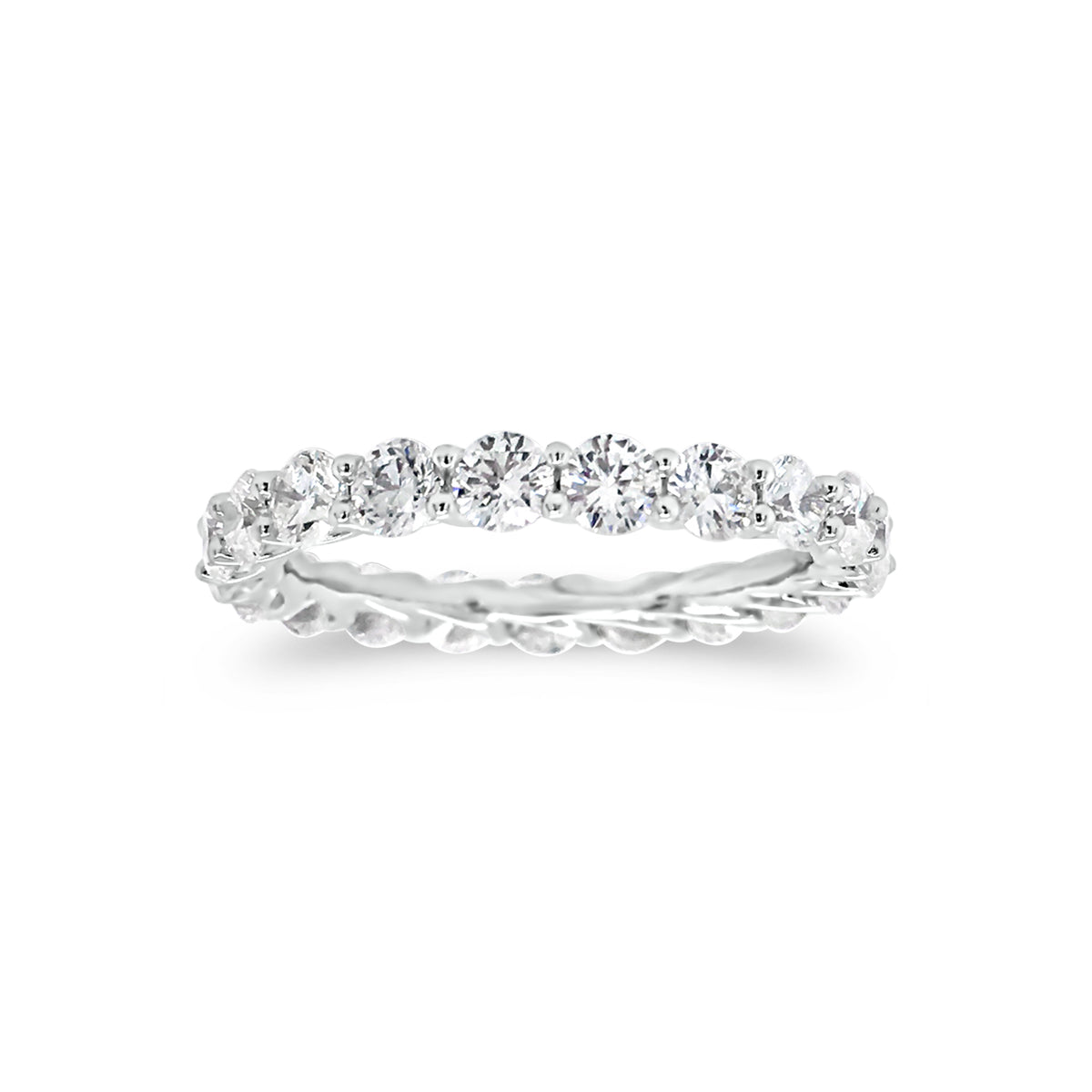 Shared Prong-Set Diamond Eternity Band  -18k gold weighing 1.94 grams  -21 round diamonds weighing 2.05 grams