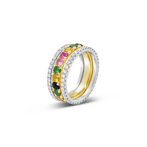 Enlarged Rainbow Gemstone Band Ring  -14k gold weighing 2.85 grams  -22 multi-color stones weighing 2.25 carats