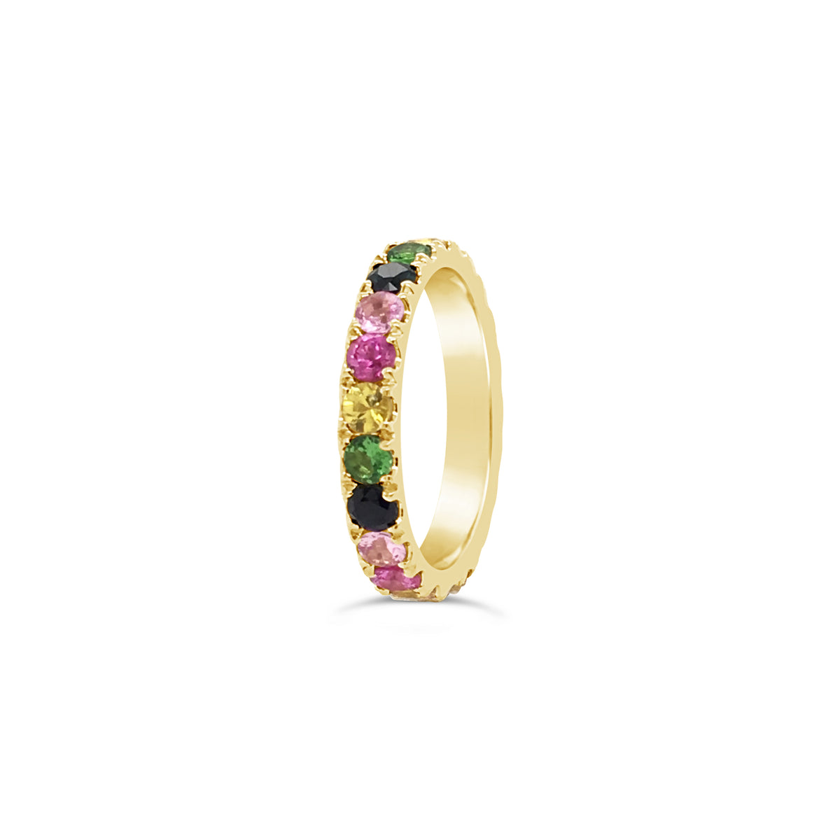 Enlarged Rainbow Gemstone Band Ring  -14k gold weighing 2.85 grams  -22 multi-color stones weighing 2.25 carats