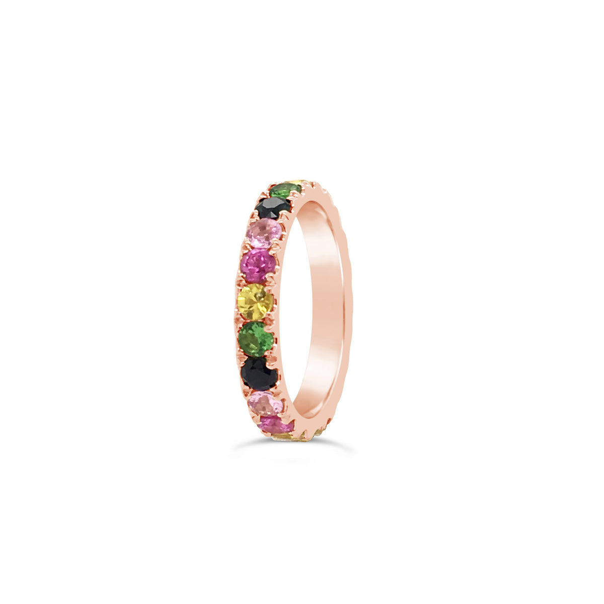 Enlarged Rainbow Gemstone Band Ring  -14k gold weighing 2.85 grams  -22 multi-color stones weighing 2.25 carats