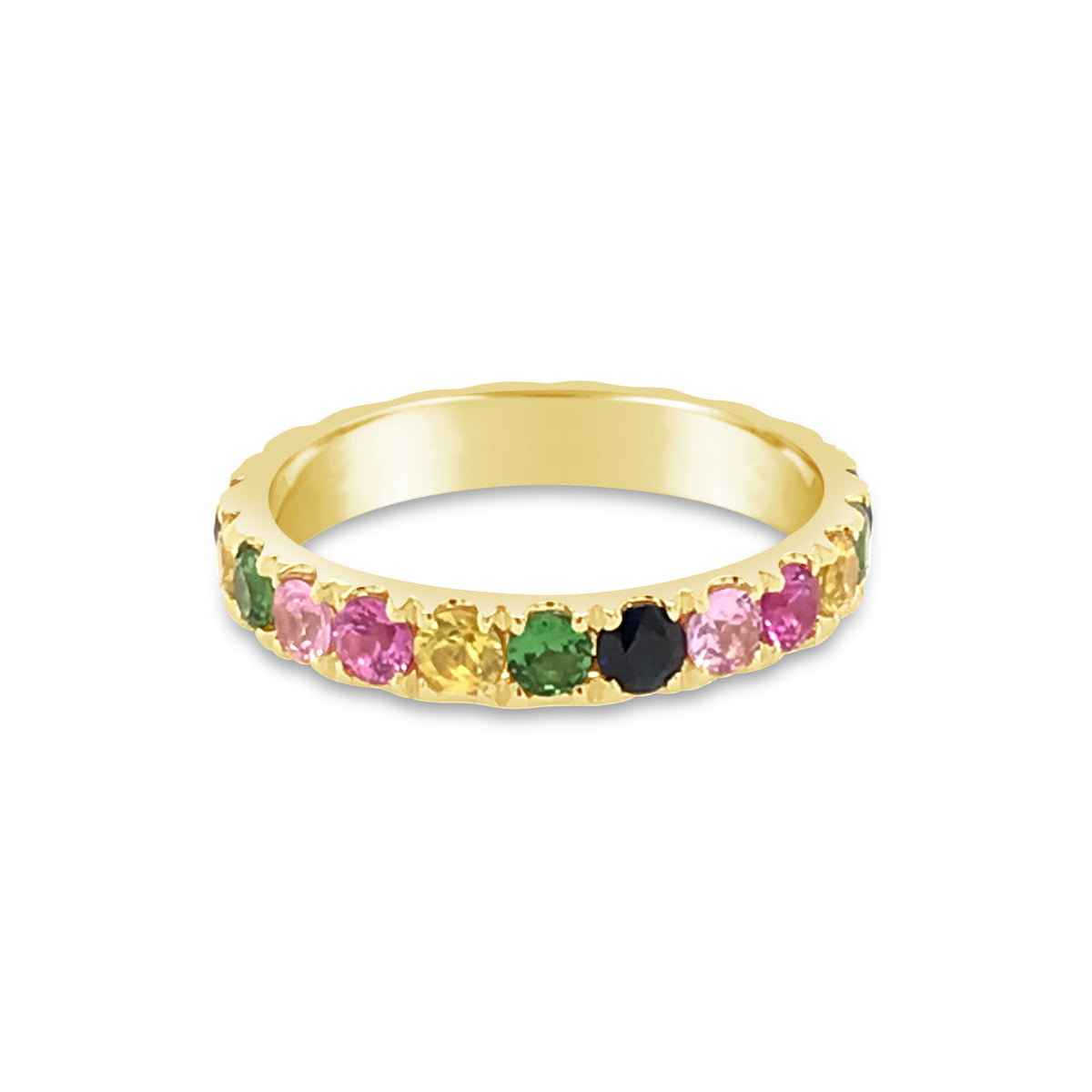 Enlarged Rainbow Gemstone Band Ring  -14k gold weighing 2.85 grams  -22 multi-color stones weighing 2.25 carats