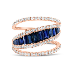 Diamond & Sapphire Baguette Fashion Ring -14k gold weighing 4.15 grams -92 round diamonds weighing .57 carats -18 round sapphire gemstones weighing 1.37 carats