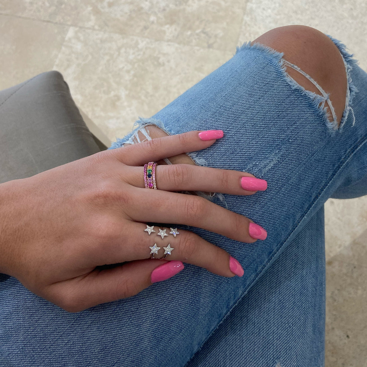 Female Model Wearing Diamond Shooting-Star Ring  -14k gold weighing 2.98 grams  -80 round pave-set diamonds weighing .33 carats