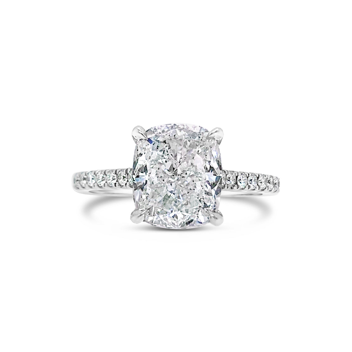 Cushion Diamond Engagement Ring with Pave Diamond Shank  - 42 round diamonds totaling 0.41 carats  - F - G color, VS2 - SI1 clarity