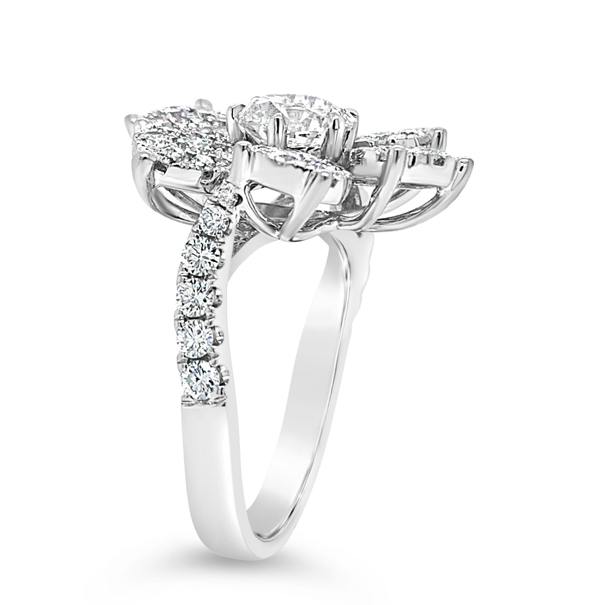 Diamond Flower Ring  -18K gold weighing 6.78 grams  -1.03 ct round brilliant-cut diamond (GIA-graded F color, I1 clarity)  -6 round diamonds totaling 0.30 carats  -60 round pave-set diamonds totaling 1.08 carats