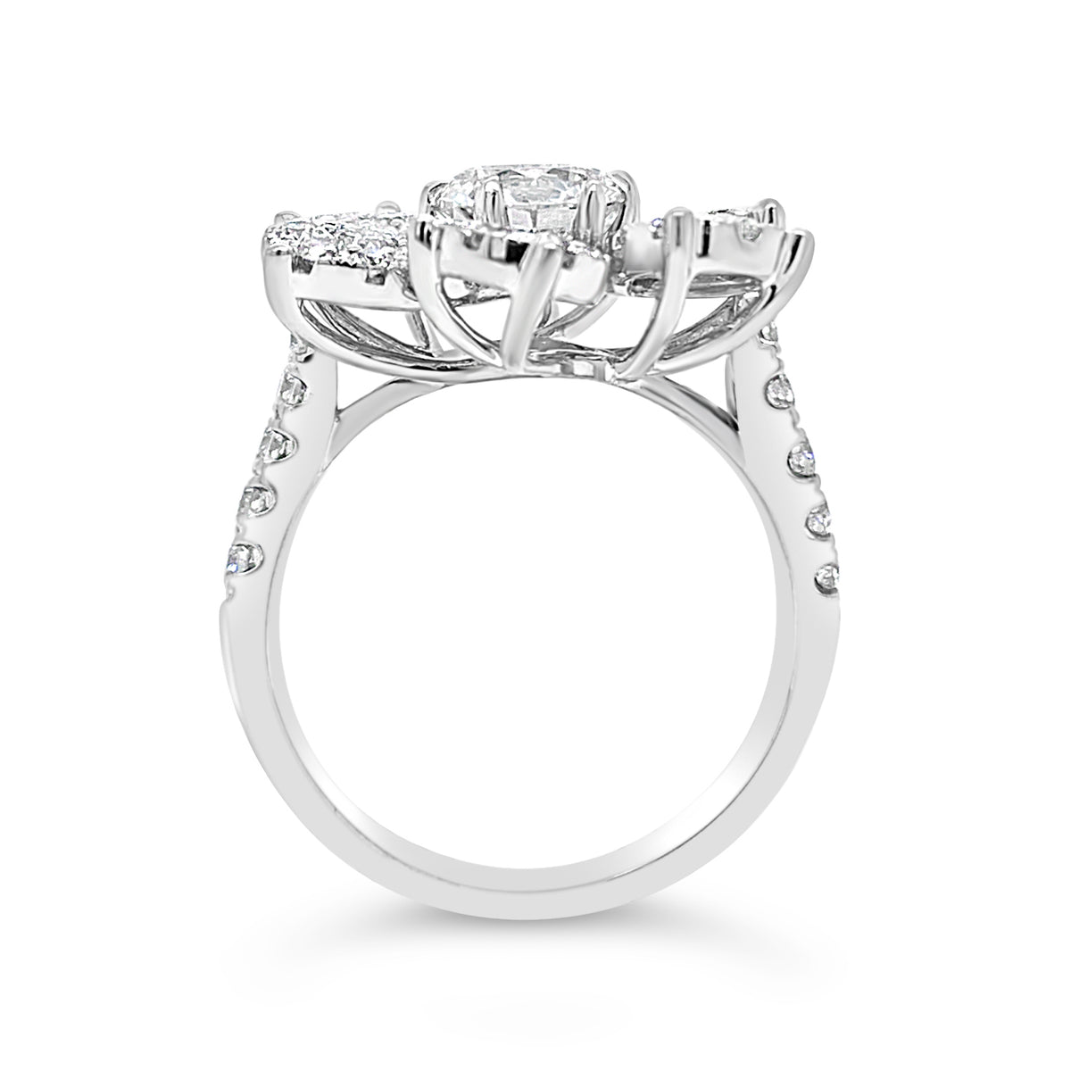 Diamond Flower Ring  -18K gold weighing 6.78 grams  -1.03 ct round brilliant-cut diamond (GIA-graded F color, I1 clarity)  -6 round diamonds totaling 0.30 carats  -60 round pave-set diamonds totaling 1.08 carats