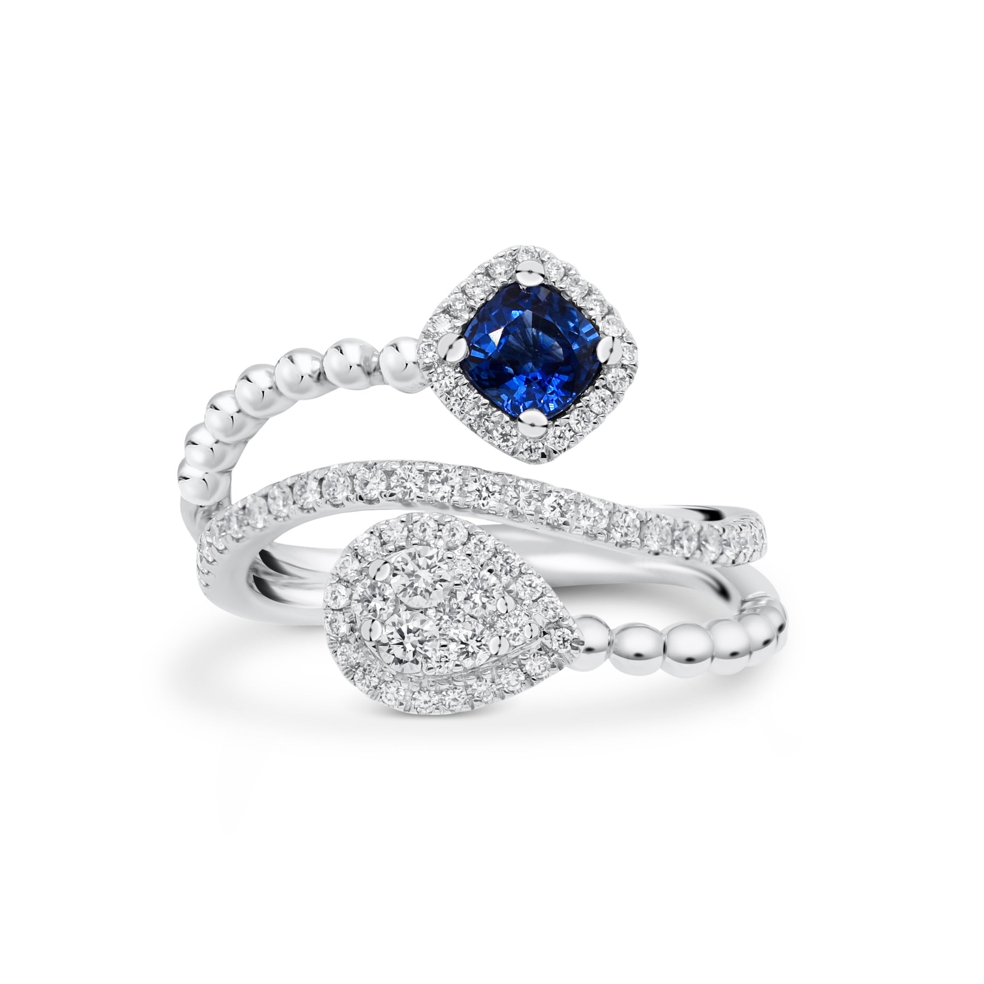 Sapphire cushion & diamond teardrop bypass ring - 18K gold weighing 4.94 grams  - 75 round diamonds totaling 0.41 carats  - 0.49 ct cushion brilliant-cut sapphire
