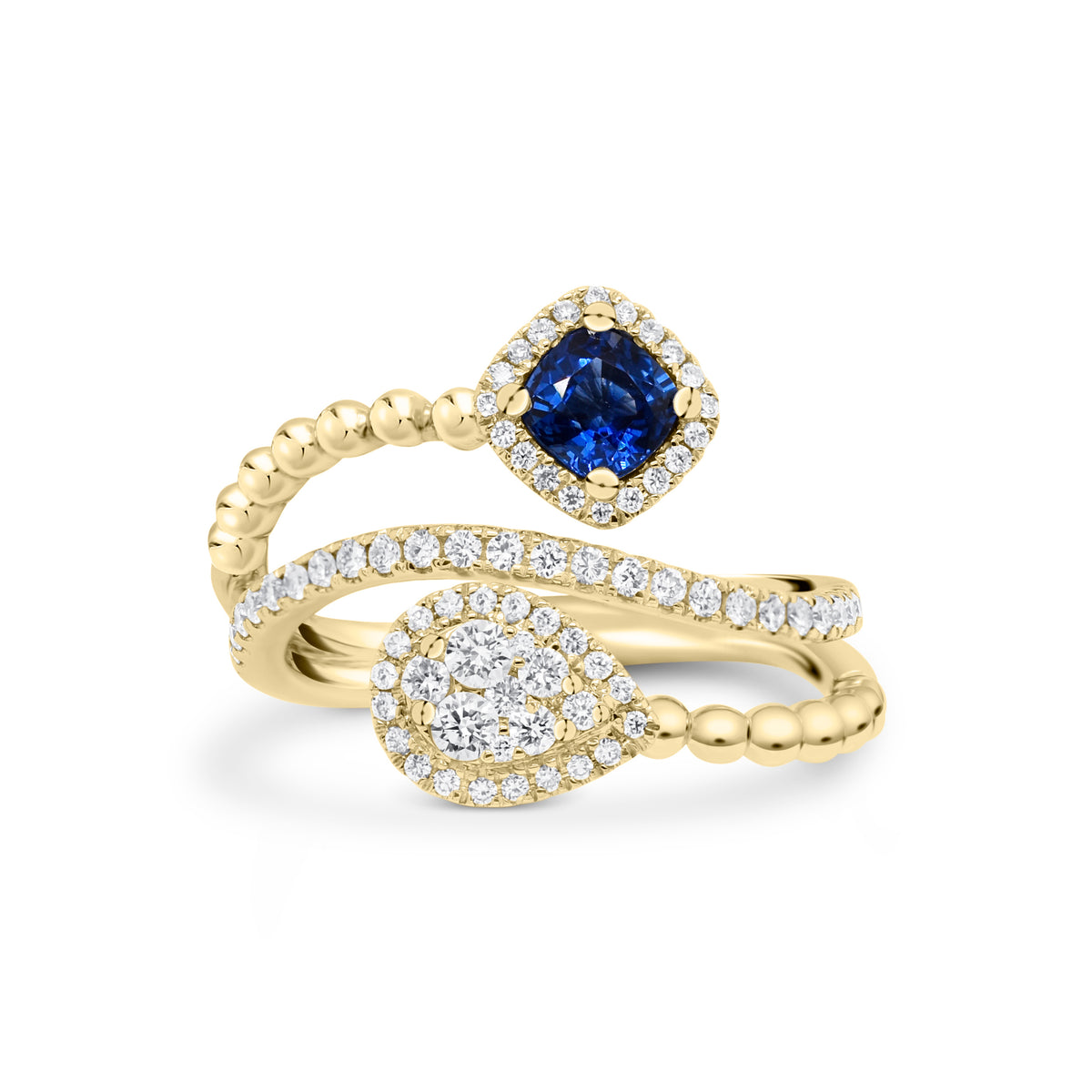 Sapphire cushion & diamond teardrop bypass ring - 18K gold weighing 4.94 grams - 75 round diamonds totaling 0.41 carats - 0.49 ct cushion brilliant-cut sapphire
