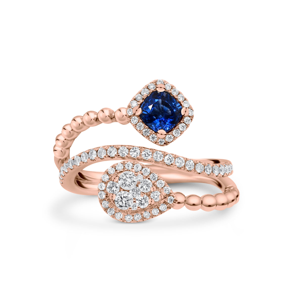 Sapphire cushion & diamond teardrop bypass ring - 18K gold weighing 4.94 grams - 75 round diamonds totaling 0.41 carats - 0.49 ct cushion brilliant-cut sapphire